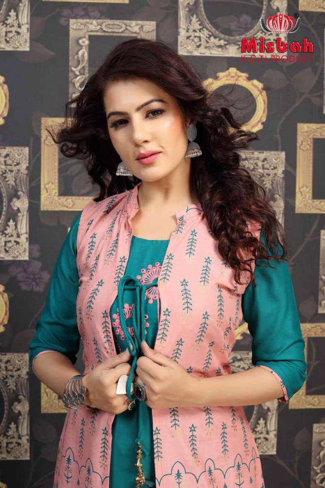 Misbah Nayantara 1 Designer Exclsive   Fancy Finest Quality Of Rayon Heavy Gold Print With Work With Jacket Kurti With Skirt Collection
